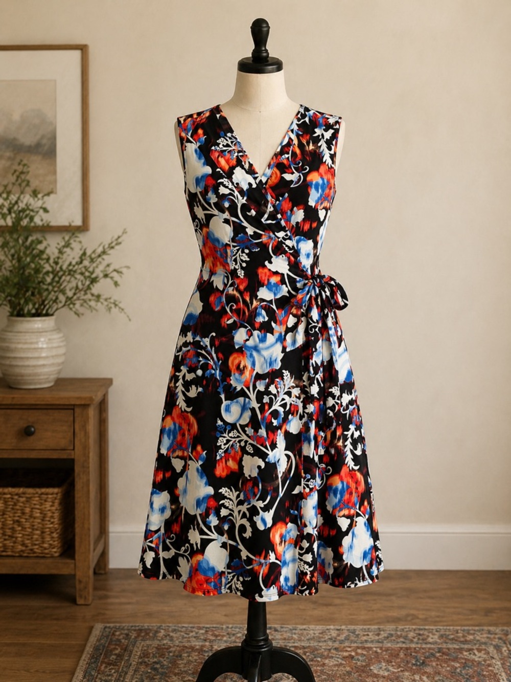 Dana Buchman Black Midi Wrap Dress with Red & Blue Floral Print